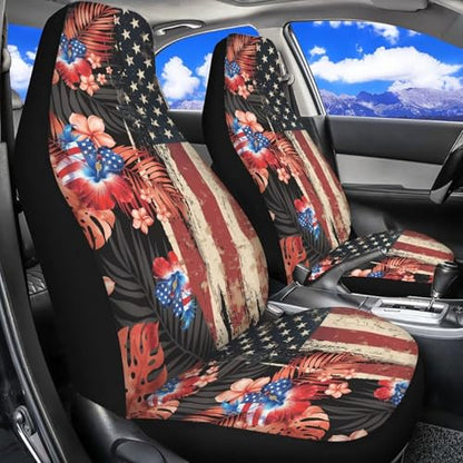 2 Piece Car Seat Covers Easy to Install American Flag Hibiscus Front Seats Elastic Polyester Cover Anti-Slip Auto Interior Accessories Universal Fit for Most Vehicles - color: American Flag Hibiscus