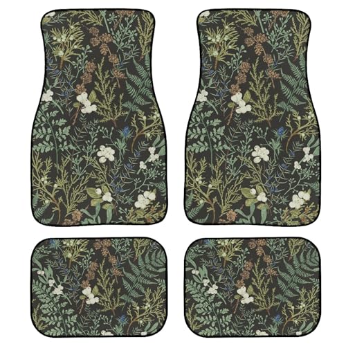 Floral Plant Car Floor Mats 4Pcs Magical Forest Botanical Floral Pattern Vintage Green Plants Floor Mats for Cars Custom Front Rear Vehicle Rugs Universal Auto Accessories for Trucks Sedans - color: Green White