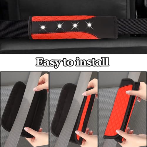 Hovom 2PCS Bling Car Seat Belt Cover Pad, Leather Seatbelt Covers for Cars, Soft Safety Seatbelt Shoulder Strap Covers, Rhinestone Auto Seat Belt Protector Cushion for Women Girls (Red) - color: Red
