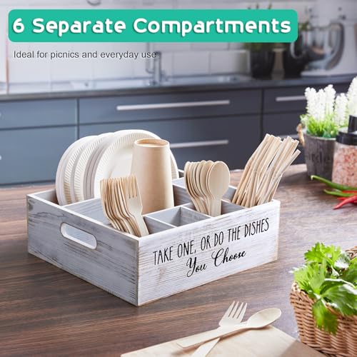 ALELION Rustic White Plate and Utensil Caddy, 6-Compartment Paper Plate and Cutlery Holder with Handles, Kitchen and Party Organizer for BBQs, Picnics, and Gatherings - style: White