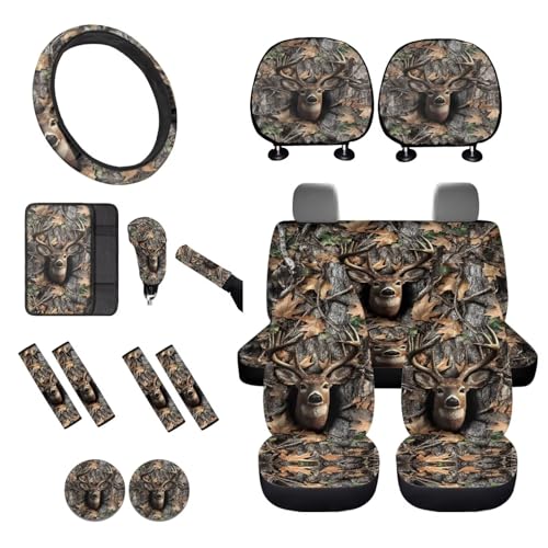 16 Pcs Car Seat Cover Full Sets, Deer Camouflage Hunting Printed Soft Car Front Rear Seat Covers with Steering Wheel Cover Center Console Covers Seatbelt Pads Head Rest Protector Coaster - color: Brown - Deer Camouflage Hunting