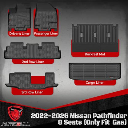 Floor Mats & Cargo Liner for 2022-2025 2026 Nissan Pathfinder 7&8 Seats (Fit Gas), Full Set All Weather Protection 1st,2nd,3rd Row Car Liners,Backrest Mat & Trunk Mat,Black - style: 2022-2026 Nissan Pathfinder 7&8 Seats (Fit Gas)