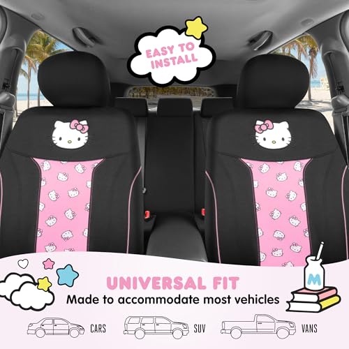 Carbella Hello Kitty Car Seat Covers - Cute and Durable Pink Front Seat Covers, Adorable Hello Kitty Design, Comfortable and Long-Lasting Polyester, Car Accessories Gift 2pc Black/Pink - color: Seat Covers Poly-Pink, style: Hello Kitty