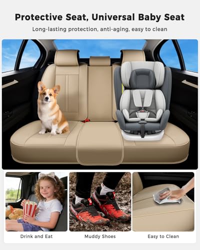 Huidasource Beige Back Seat Cover Luxury Nappa Leather, Rear Seat Cover with Velcro Adjustable, Ventilation Holes, Seat Belts, Child Seats, Car Back Seat Covers Fit for Most Cars SUV Trucks, Beige - color: R# Beige, size: Rear