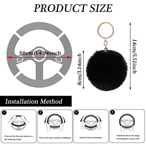WenMei 4PCS Set Fluffy Steering Wheel Covers with Handbrake Cover&Gear Shift Cover&Plush Keychain Furry Steering Wheel Cover for Women Girl Fashion Warm Car Wheel Protector Fit Most Car (Black) - color: Black