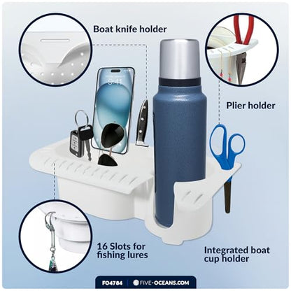 Five Oceans Boat Storage Organizer and Drink Caddy,Suction Cup Drink Holder w/Drainage Holes, Console Organizer w/Knife, Pliers, and 16 Lure Holders, Heavy-Duty ABS Plastic - FO4784