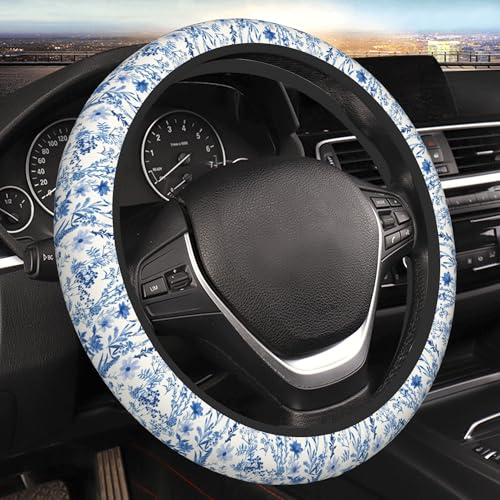 Blue Floral Steering Wheel Cover for Women & Men – Universal 15 Inch Car Accessories, Non-Slip & Stylish Design, Fits Most Cars, SUVs, and Auto - color: Vintage Blue Floral Plants