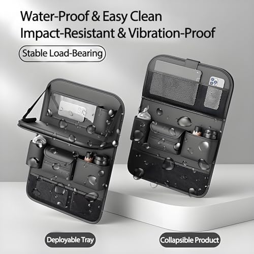 Foldable Car Backseat Organizer with Table Tray, Car Seat Back Protector with Touch Screen Phone Holder, Premium Leather Kick Mats with Storage Pockets Tissue Holder (Black)