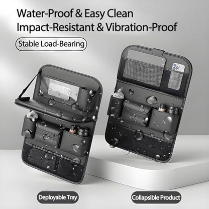 Foldable Car Backseat Organizer with Table Tray, Car Seat Back Protector with Touch Screen Phone Holder, Premium Leather Kick Mats with Storage Pockets Tissue Holder (Black)
