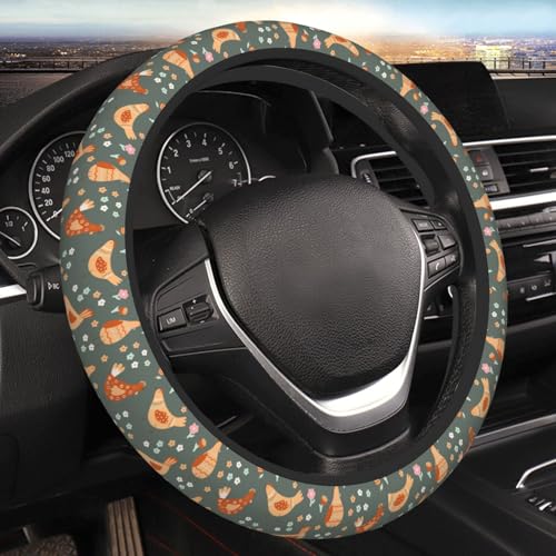 Chicken Cartoon Flowers Steering Wheel Cover for Women Elastic Rubber Steering Wheel Universal 15 Inch Fit for Cars, Auto, SUVs - color: Chicken Cartoon Flowers