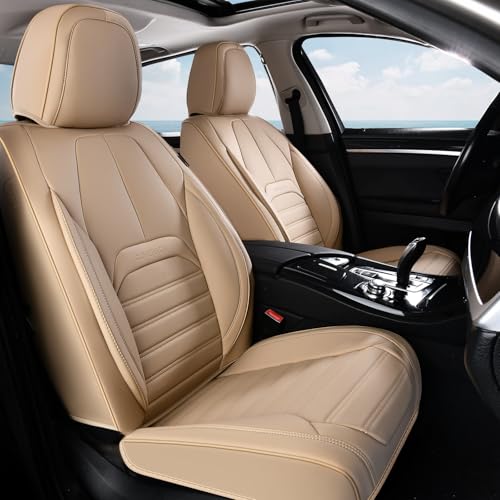 Coverado Car Seat Covers Full Set, Beige Waterproof Nappa Leather Seat Cushion & Seat Protector, Universal Automotive Seat Covers for Front and Rear Seats, Compatible with Most Cars SUV Trucks - color: Beige-A, size: FullSet