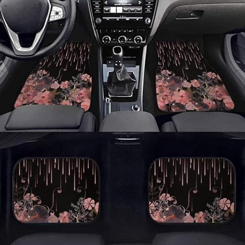 Pink Flower Black Automotive Floor Mats Front and Rear Car Mat Carpet Set 4 Pcs Fit for SUV,Vans,sedans,Trucks - color: Pink Flower Black
