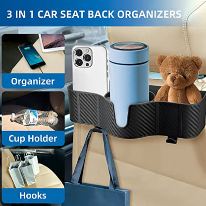 3-in-1 Car Headrest Backseat Organizer with 3.7" Backseat Cup Holder for Car, Seat Back Organizer with Hooks - size: 1-PACK
