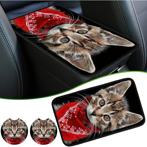 Universal Auto Center Console Pad and 2Pcs Car Coasters Set, Anti Slip Soft Neoprene Car Armrest Seat Box Cover Protector Universal Fit - Car Interior Accessories, Cat - color: 490