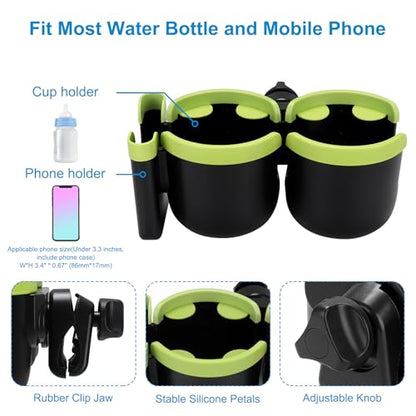 Accmor Stroller Cup Holder with Phone Holder, Bike Cup Holder, Universal Cup Holder for Uppababy Nuna Doona Strollers, 2-in-1 Cup Holder for Walker, Wheelchair, Scooter - color: Double Holder-Green