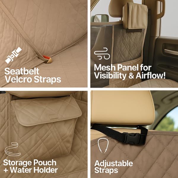 Formosa Covers Quilted and Padded Dog Pet Car Seat Cover with Comforting Fabric and Non-Slip Backing Best for Car Truck and SUV - Travel with Your Pet Mess Free - Universal Fit 56" Wx94 L, Taupe