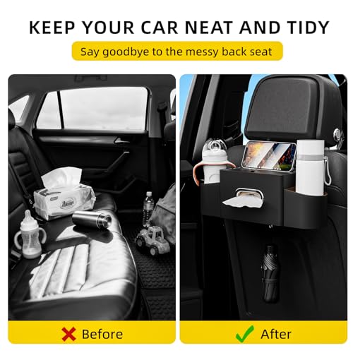 Back Seat Car Organizer with One Towel Leather Wood Materials Car Back Seat Storage Box 2 Drink Cup Holder Tissue Box for Hold Phone Drinks Handbag Compatible with Most Vehicles (Black)