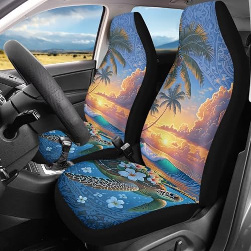 Dreaweet Tropical Themed Car Seat Covers Front Seats Only Universal 2 Piece Beach Sunset Turtle Print High Back Bucket Seat Covers for SUV Trucks Washable & Easy to Install - color: Beach Sunset Turtle