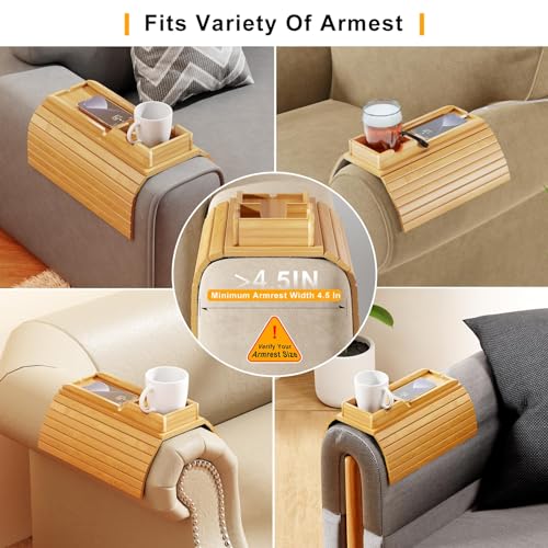 Bamboo Sofa Armrest Tray - Couch Arm Tray with Detachable Couch Cup Holder - 2 in 1 Anti-Slip Foldable Sofa Armchair Caddy Table for Drinks Cellphone TV Remote Snacks - color: Bamboo, size: 16.3" x 13.3" x 2"