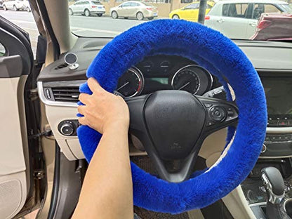 Winter Warm Fluffy Furry Fuzzy Car Steering Wheel Cover,Universal Fit Thickening Faux Rabbit Fur Plush Steering Covers+Gear Shift Cover and+Brake cover-3pcs Set (Blue) - color: blue