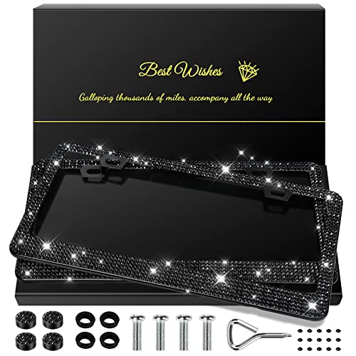 QUANQIUFEI 2 Pack Bling License Plate Frames for Women, Sparkly Rhinestone Diamond Car Accessories with Glitter Crystal Caps (Black) - color: Black