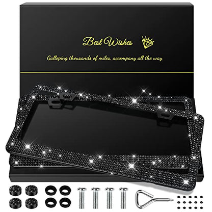 QUANQIUFEI 2 Pack Bling License Plate Frames for Women, Sparkly Rhinestone Diamond Car Accessories with Glitter Crystal Caps (Black) - color: Black