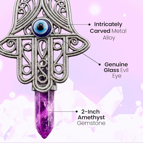 LUCKBOOSTIUM Hand Protection Amulet Car Rearview Mirror Hanging Ornament Accessories with Evil Eye Good Luck Charms - (2"x11", Amethyst) - color: Amethyst