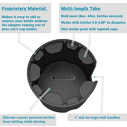 Swigzy Car Cup Holder Expander (Long Base) - Adjustable Expandable Insert Extender, Automotive Adapter Holds Hydro-Flask, Yeti, Nalgene, Large (32 40 oz) Water Bottles, Big Drinks - Universal - color: Black, size: Holds 18-40 oz (Long Base)