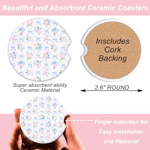 Car Coasters Set of 2, 2.6x2.6 Inch – Absorbent Cup Holder Coasters with Pastel Floral & Blue Bow Pattern – Cute Coquette Car Cup Coasters for Women - color: Blue