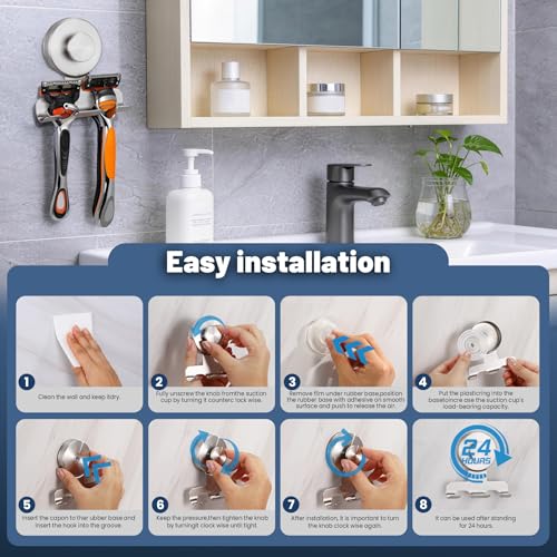 No-Drill Suction Cup Razor and Shaver Holder, Stainless Steel Shower Hook for Towel & Loofah, Damage-Free Reusable Bathroom Wall Organizer (2, Brushed Nickel) - color: Brushed Nickel