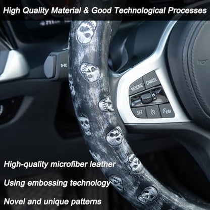 Embossed Skull Steering Wheel Cover, Skull Car Accessory, Microfiber Leather with Anti-Slip Lining, Fits 14.5"-15" Steering Wheels - color: Black silver