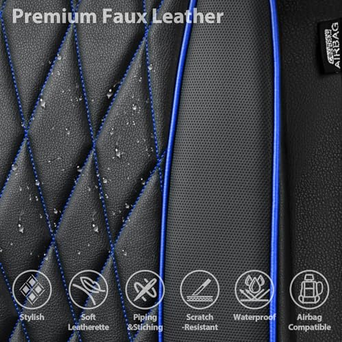 CAR PASS Piping Luxury PU Leather Two Front Car Seat Covers,Waterproof Anti- Slip Seat Covers Compatible with Front Seat Armrests,Universal Fit for Suvs,Vans,Trucks,Airbag Compatible(Black and Blue) - color: Black and Blue, size: Two Front