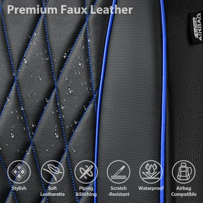 CAR PASS Piping Luxury PU Leather Two Front Car Seat Covers,Waterproof Anti- Slip Seat Covers Compatible with Front Seat Armrests,Universal Fit for Suvs,Vans,Trucks,Airbag Compatible(Black and Blue) - color: Black and Blue, size: Two Front