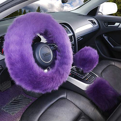 Yontree Fashion Fluffy Steering Wheel Covers for Women/Girls/Ladies Australia Pure Wool 15 Inch1 Set 3 Pcs (Purple) - color: Purple, size: Long Wool