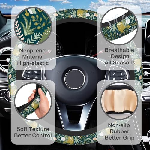 Dinosaurs and Tropical Leaves Steering Wheel Cover with 2 Pcs Car Coasters Neoprene Steering Wheel Cover for Women Men Anti-Slip Breathable Car Accessories Universal 15 Inch Fit Auto Cars Trucks - color: Dinosaurs and Tropical Leaves