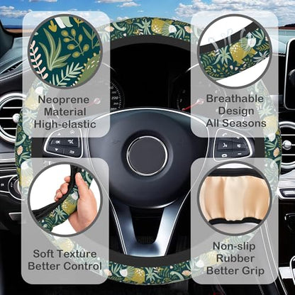 Dinosaurs and Tropical Leaves Steering Wheel Cover with 2 Pcs Car Coasters Neoprene Steering Wheel Cover for Women Men Anti-Slip Breathable Car Accessories Universal 15 Inch Fit Auto Cars Trucks - color: Dinosaurs and Tropical Leaves