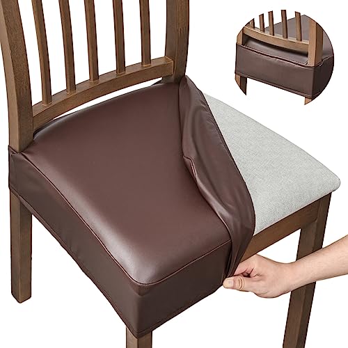 NILUOH Waterproof Seat Covers for Dining Room Chairs Set of 4, Pu Leather Chair Seat Slipcovers Dining Chair Cover Removable Washable Chair Protctor Cover, Rear Covers (PU-Coffee) - color: Pu-coffee, size: 4 Pcs-Regular