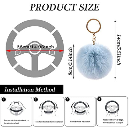 WenMei 4PCS Set Fluffy Steering Wheel Covers with Handbrake Cover&Gear Shift Cover&Plush Keychain Furry Steering Wheel Cover for Women Girl Fashion Warm Car Wheel Protector Fit Most Car (Gray Blue) - color: Gray blue