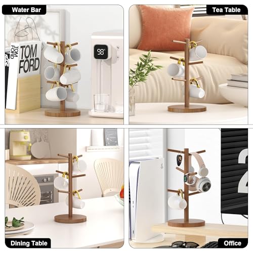 Wisuce Bamboo Coffee Mug Holder Tree, Thicker Base Coffee Cup Holder Stand for Counter, Countertop Mug Rack Organizer with 6 Hooks (Brown - color: Brown
