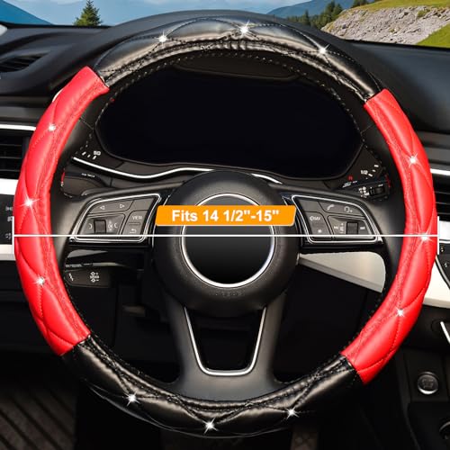 KAFEEK Diamond Soft Leather Steering Wheel Cover with Bling Bling Crystal Rhinestones, Universal 15 inch, Black Red - color: Black and Red, size: Medium(Standard) Size[14.5"-15"]