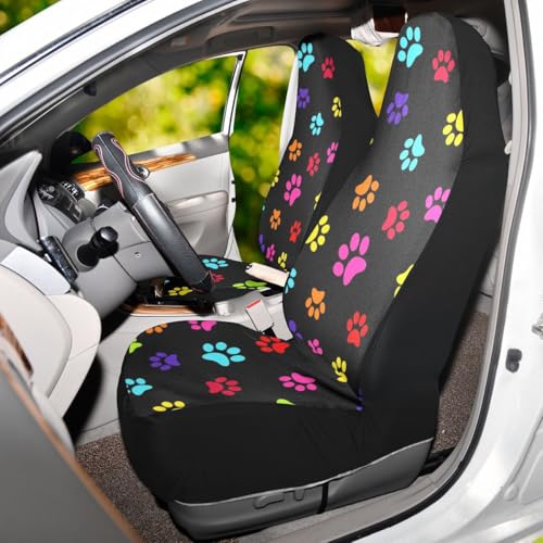 Paw Print Car Seat Covers Set of 2,Colorful Animal Foot Prints Universal Auto Front Seat Protector Vehicle Seat Cushion Cover for Women Cute Pet Claws Car Accessories Fit for Car SUV Truck - color: Blue Pink Green