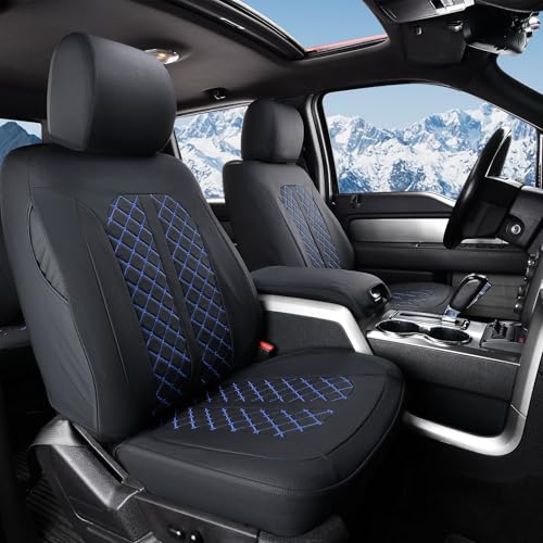 Truckiipa Seat Covers for Ford F150 Front Leather Truck Seat Cover Cushion Protector Custom Fit for 2015-2026 Ford F150 SuperCrew, 2017-2026 F250 F350 F450 Super Duty Crew Cab, Front Pair, Black&Blue - color: Black&Blue, size: Front Pair