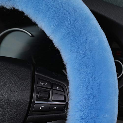 Fuzzy Fluffy Soft Wool Sheepskin Fur Blue car Steering Wheel Cover for Adults Girls Women Men Protector Universal 14 1/2-15 1/2inchs (Sky Blue) - color: Sky Blue