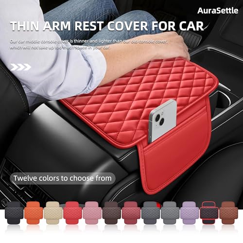 Waterproof Leather Car Center Console Pad with 2 Storage Bags, Auto Armrest Box Cover Protector, Comfortable Interior Accessories for Most Household Cars, Sedans & SUV (Allure Red)