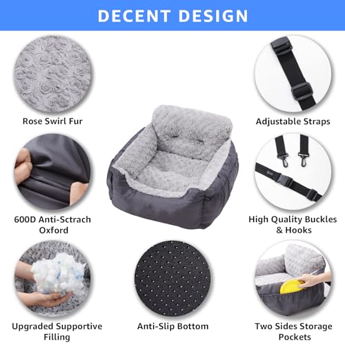 Oiilores Dog Car Seat for Small Dogs, Washable Pet Booster Car Seats with Clip-On Safty Leash, Comfy Deluxe Plush Carseat with Storage Pockets, Puppy Travel Carrier Bed for Dogs Under 25 lbs, Grey