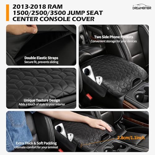 Center Console Cover Compatible with 2013-2018 Ram 1500 & 2019-2024 Ram 2500/3500/1500 Classic Model Jump Seat Accessories, ArmRest Cover Lid with Pocket, Middle Console Covers Pad Cushion - size: 2013-2018 Dodge Ram-Jump Seat Console