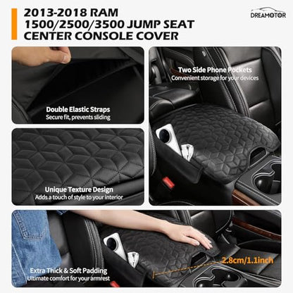 Center Console Cover Compatible with 2013-2018 Ram 1500 & 2019-2024 Ram 2500/3500/1500 Classic Model Jump Seat Accessories, ArmRest Cover Lid with Pocket, Middle Console Covers Pad Cushion - size: 2013-2018 Dodge Ram-Jump Seat Console