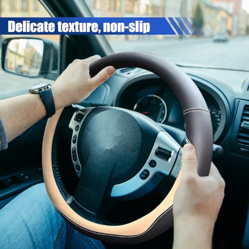 14.5"-15" Car Steering Wheel Cover, Anti-Slip Breathable Microfiber Leather Car Wheel Protector, Universal Auto Interior Heat Resistant UV Protection Accessory for Sedan SUV (Beige-15)