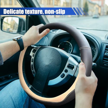 14.5"-15" Car Steering Wheel Cover, Anti-Slip Breathable Microfiber Leather Car Wheel Protector, Universal Auto Interior Heat Resistant UV Protection Accessory for Sedan SUV (Beige-15)