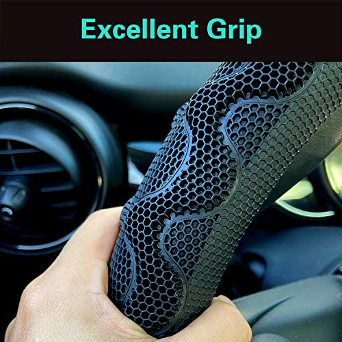 D Shaped 14.5-15 Inch Steering Wheel Cover Great Grip with 3D Honeycomb Anti-Slip Design, Flat Bottom 14.5-15 Inch (Black/Red Stitch)